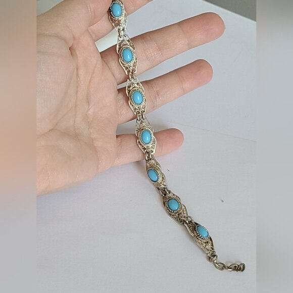 Vintage Antique Boho Sterling Silver Turquoise Cabochon Filigree Chain Bracelet - Picture 10 of 12